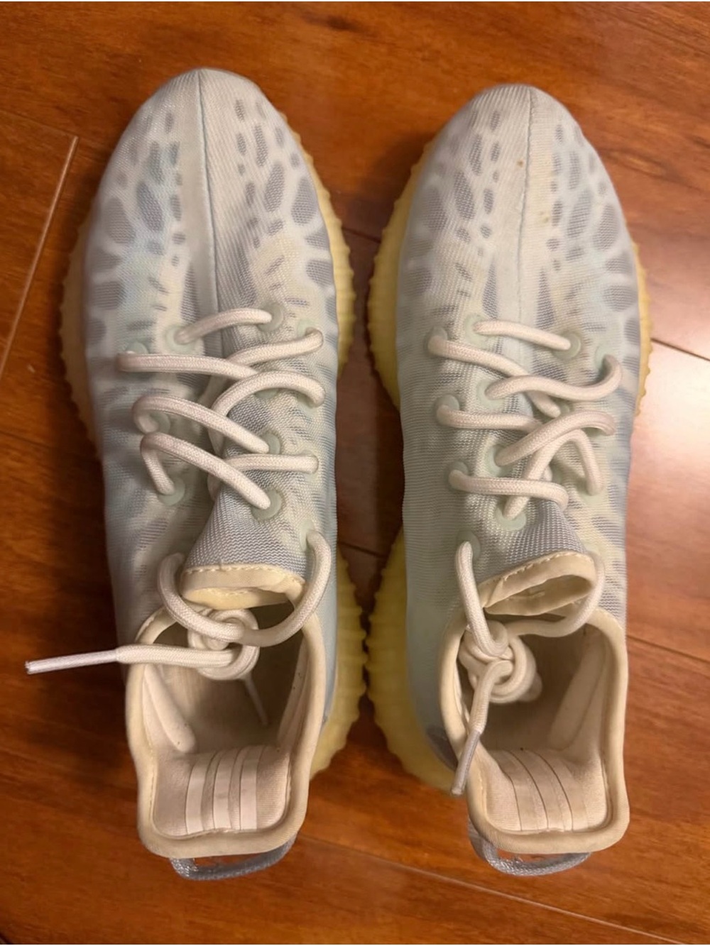 Yeezy Boost Sneakers in Pale Blue and Cream